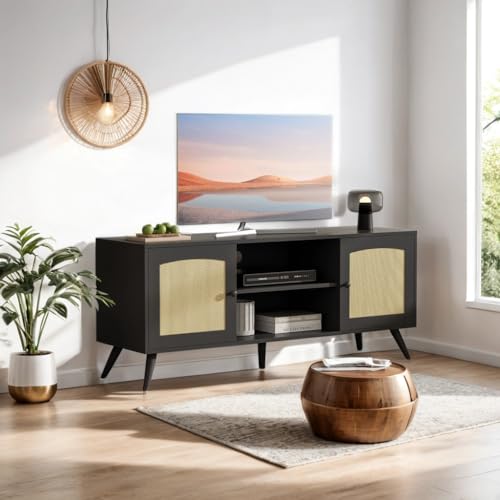 Brown Rattan TV Stand for 60 Inch TV, Wooden Mid Century Modern Entertainment Center with Natural Rattan Door, Boho Media TV Console for Living Room