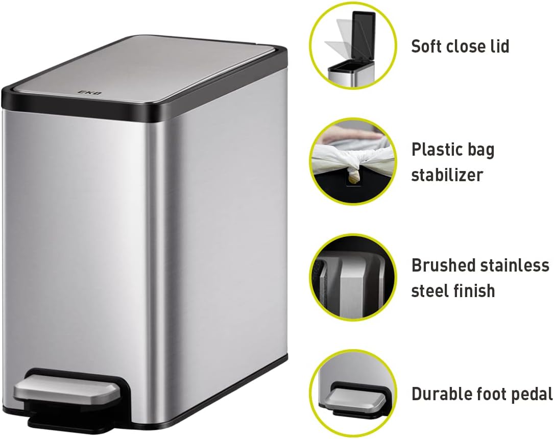 EKO Slim Small Bathroom Trash Can with Lid, Stainless Steel Kitchen Garbage Can with Removable Inner Bucket, 6L / 1.6 Gal 2 Pack Step On Trash Can Combo