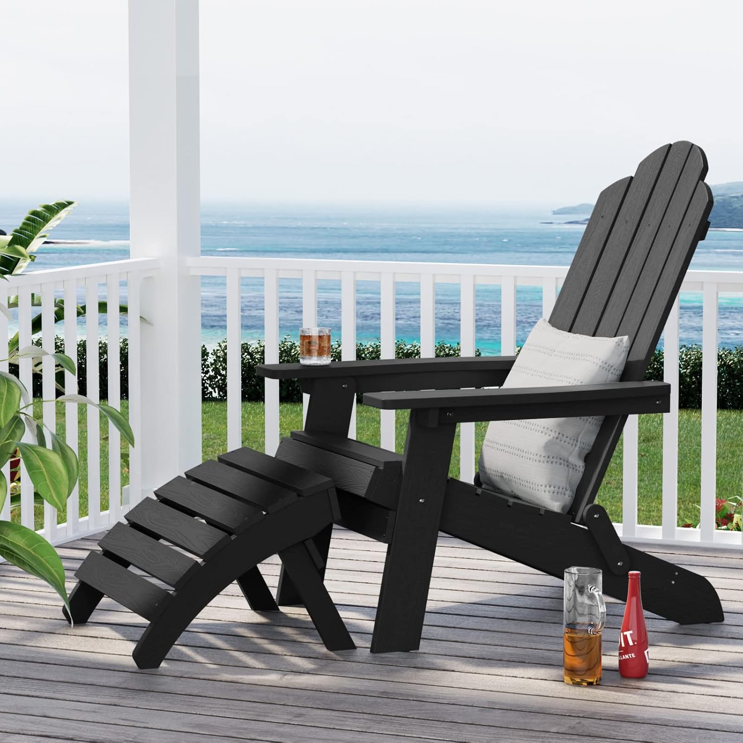 MXIMU Adirondack Chair & Ottoman, Weather Resistant Plastic Chairs Adorondic Plastic Outdoor Chairs & Adirondack Footstool for Area Seating Lifetime Wide Use in Backyard, Garden, Lawn, Porch