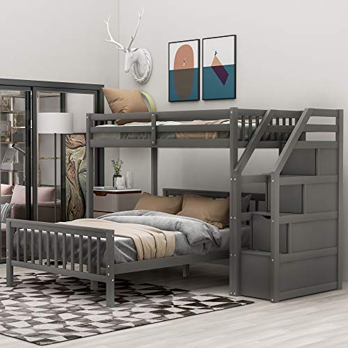 Harper & Bright Designs Twin Over Full Loft Bed, Loft Bunk Bed Frame with 3 Storage, Guardrail and Ladder, Can be Separated into 2 Beds, No Box Springs Required (White)