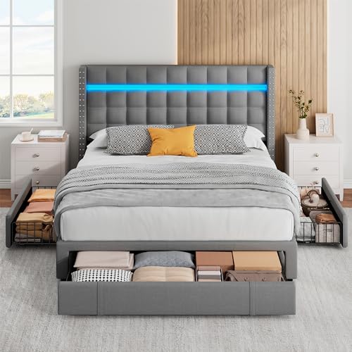 EnHomee Full Bed Frame with Storage,LED Bed Frame with Adjustable Headboard, Upholstered Platform Bed Frame Queen Size with 3 Drawers,Heavy Duty Wood Slats,Sturdy and No Shaking,Easy Assembly,Beige