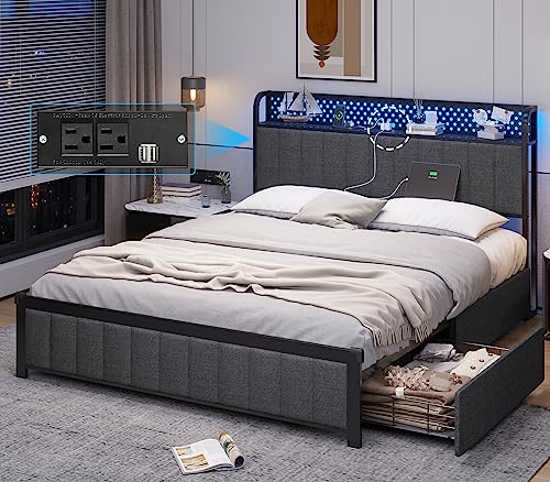 King Bed Frame with LED Light Headboard, USB Ports & Outlets, Upholstered King Platform Bed Frame, Sturdy Bed Foundation, Upgraded 2-Row Middle Beams, Creamy White & Gold