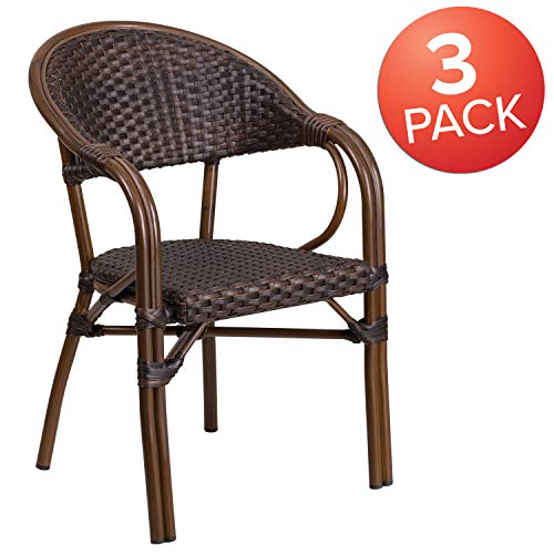 EMMA + OLIVER 3 Pack Cocoa Rattan Restaurant Patio Chair with Bamboo-Aluminum Frame