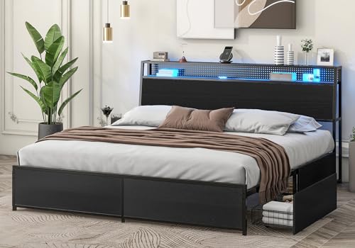 Queen Bed frame with LED Lights, Metal Platform Bed Frame with 4 Storage Drawers, Tall Bookcase Headboard and Charging Station, Sturdy, No Box Springs Needed Black