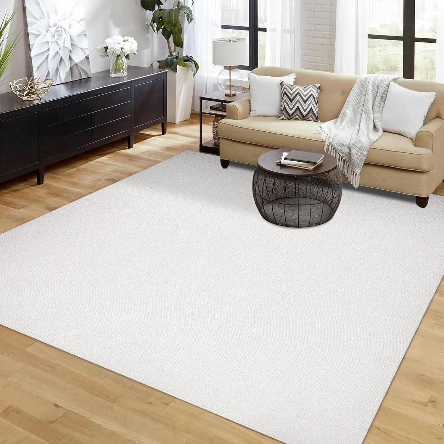 Area Rugs 8x10 Living Room Washable Rug Non Slip and Stain Resistant, Modern Chenille Weaving White Rugs for Bedroom, Dining Room, Home Office, Kids Room, White Cream