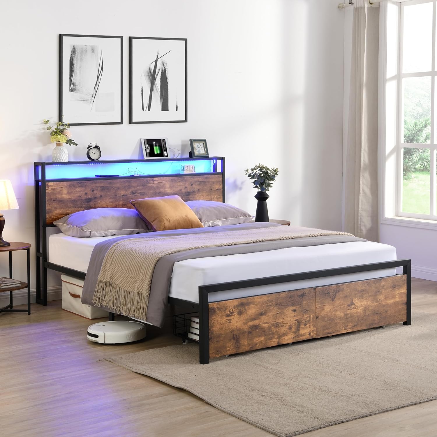 Bellemave Full Size Heavy Metals Platform Bed Frame with Storage Headboard and 2 Drawers, Charging Station, LED Lights, Bed Frame with Storage Industrial Style Dark Brown