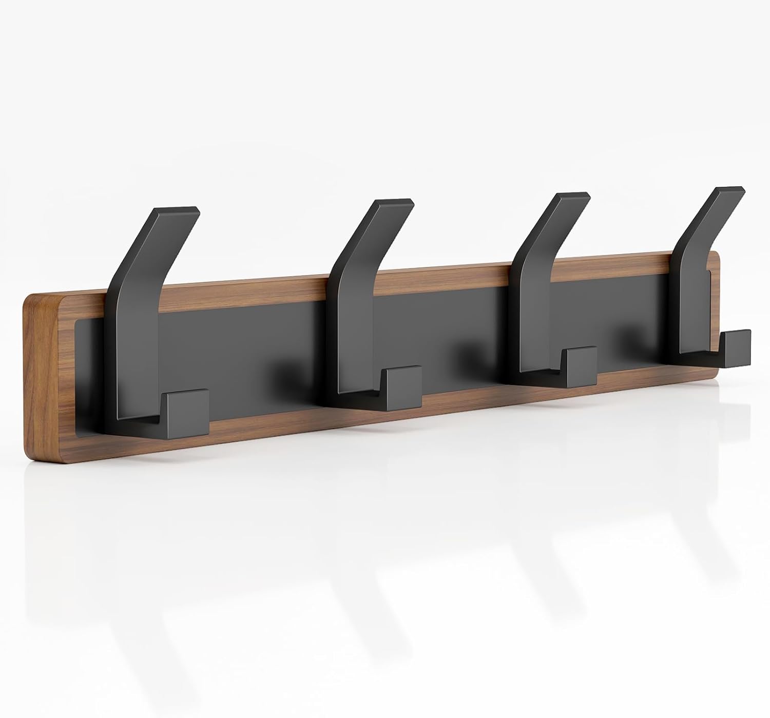 Coat Rack Wall Mount-Solid Walnut Wall Coat Rack with 4 Black Aluminum Wall Hooks for Hanging Coats，Backpacks, Bags, Towels, etc. Coat Hooks Wall Mount for Entryway, Bathroom, Bedroom