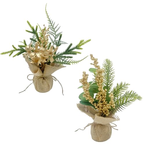 2pcs Mini Christmas Trees Artificial Potted Tabletop Christmas Tree Berry/Christmas Flower Small Trees with Cloth Base Plastic Mini Trees for Christmas Table Party(23cm/9.06in-gold)