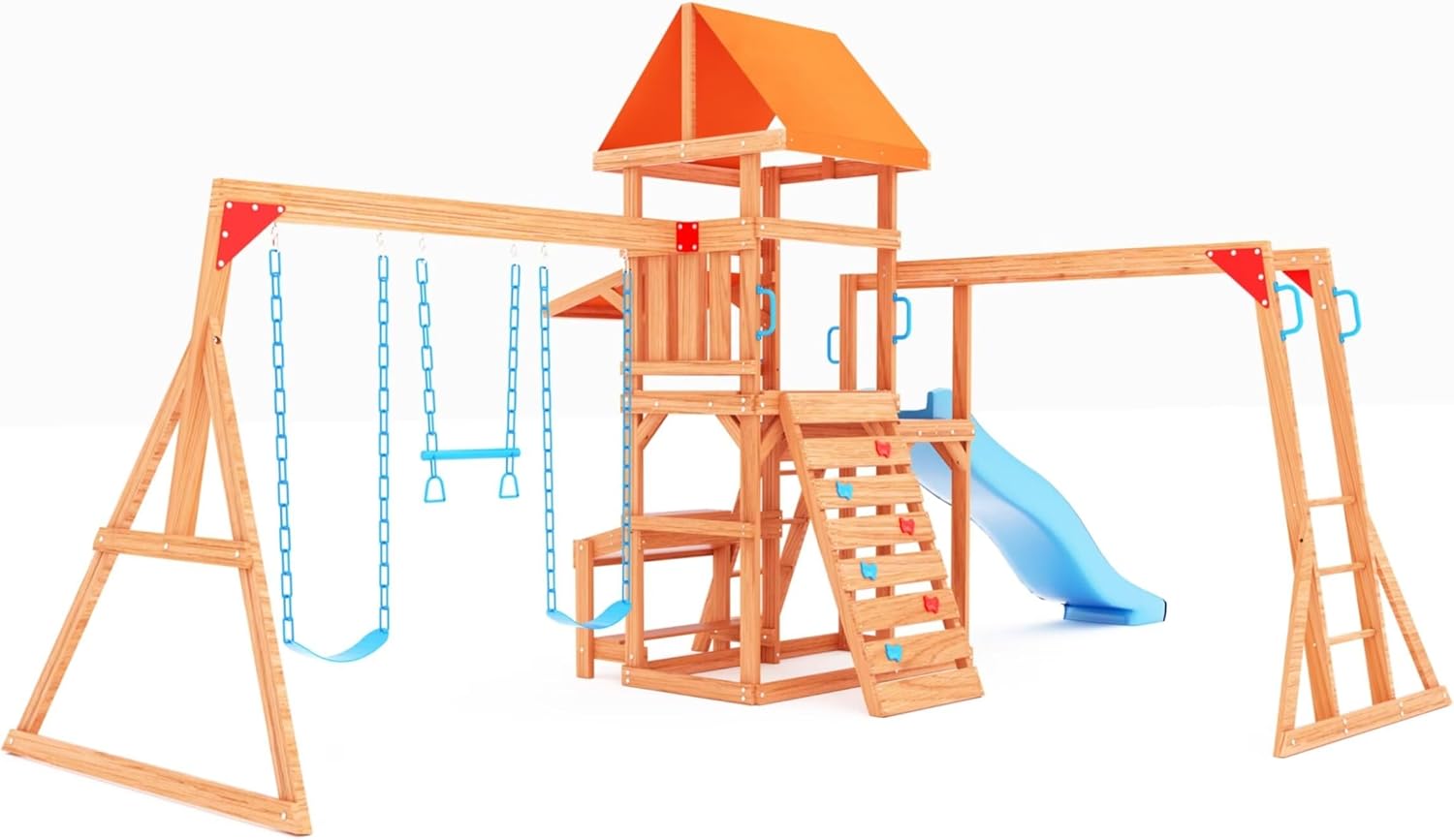 Dolphin Playground Swing Sets for Backyard with Monkey bar, Wooden Playground Sets for Backyards with 8FT Wave Slide, Multi-Functional Shelf, 2 Belt Swings, Outdoor Playset for Kids 3-10