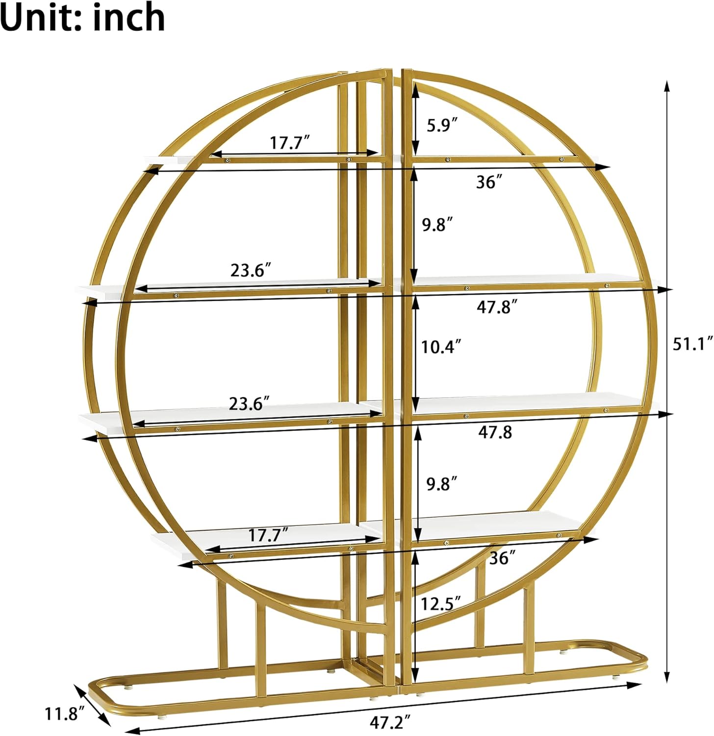 4-Tier Bookcase Home Office Open Bookshelf with Different Placement Ways,Round-Shaped Bookcases w/Anti-Falling Device,Steel Frame,Easy to Assemble,Golden+White