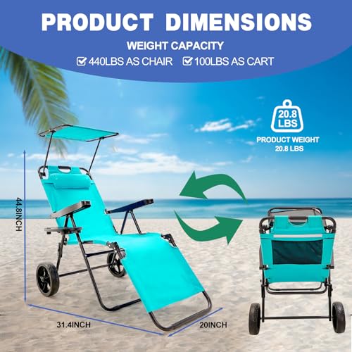NAIZEA Beach Cart Chair, 2-in-1 Beach Chair Combo Cart Foldable Chaise Lounge Chair Camping Chair with Big Wheels Lounge Wagon for Beach, Backyard, Pool or Camp