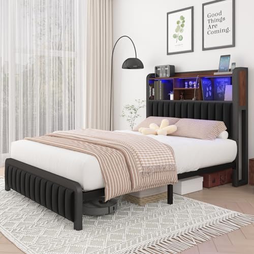 Queen Size LED Bed Frame with Storage Headboard & Footboard, Upholstered Platform Bed with USB Ports & Outlets, Easy Assembly, Vintage Brown & Black
