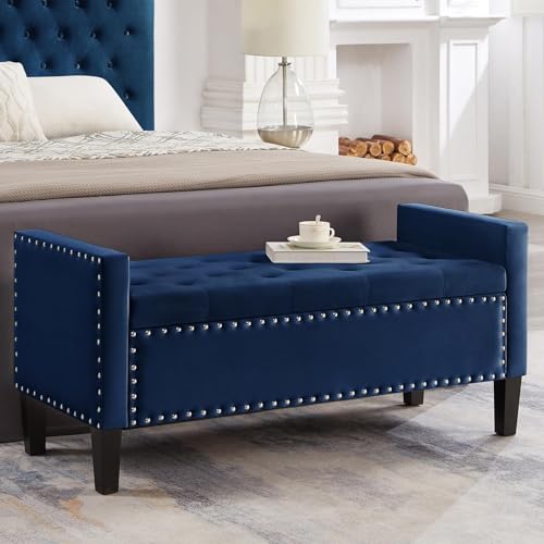 Velvet Modern Upholstered Tufted Button Storage Bench with Arms, Storage Bench with Nailhead Trim Bed Bench for Bedroom and Entryway (Gray)
