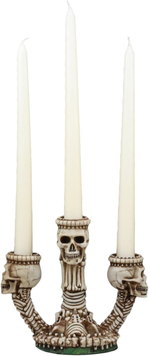 Ebros Gothic Trio Ossuary Graveyard Skulls and Skeleton Bones Candelabra Candle holder Statue Wicked Skeletal Altar Shrine Figurine