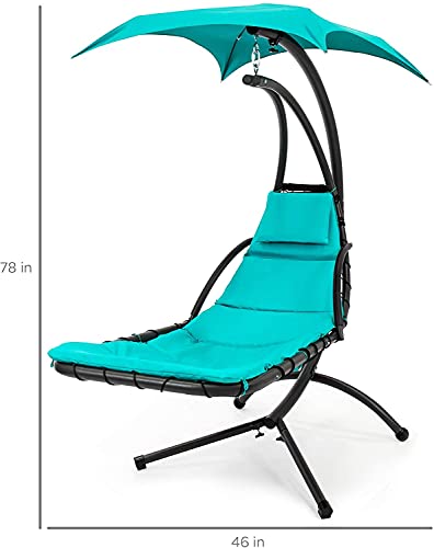 Outdoor Hanging Curved Steel Chaise Lounge Chair Swing w/Built-in Pillow and Removable Canopy, Teal (Navy Blue)