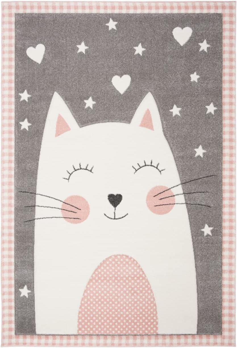 SAFAVIEH Carousel Kids Collection Area Rug - 9' x 12', Pink & Grey, Cat Design, Non-Shedding & Easy Care, Ideal for High Traffic Areas for Boys & Girls in Playroom, Nursery, Bedroom (CRK134P)