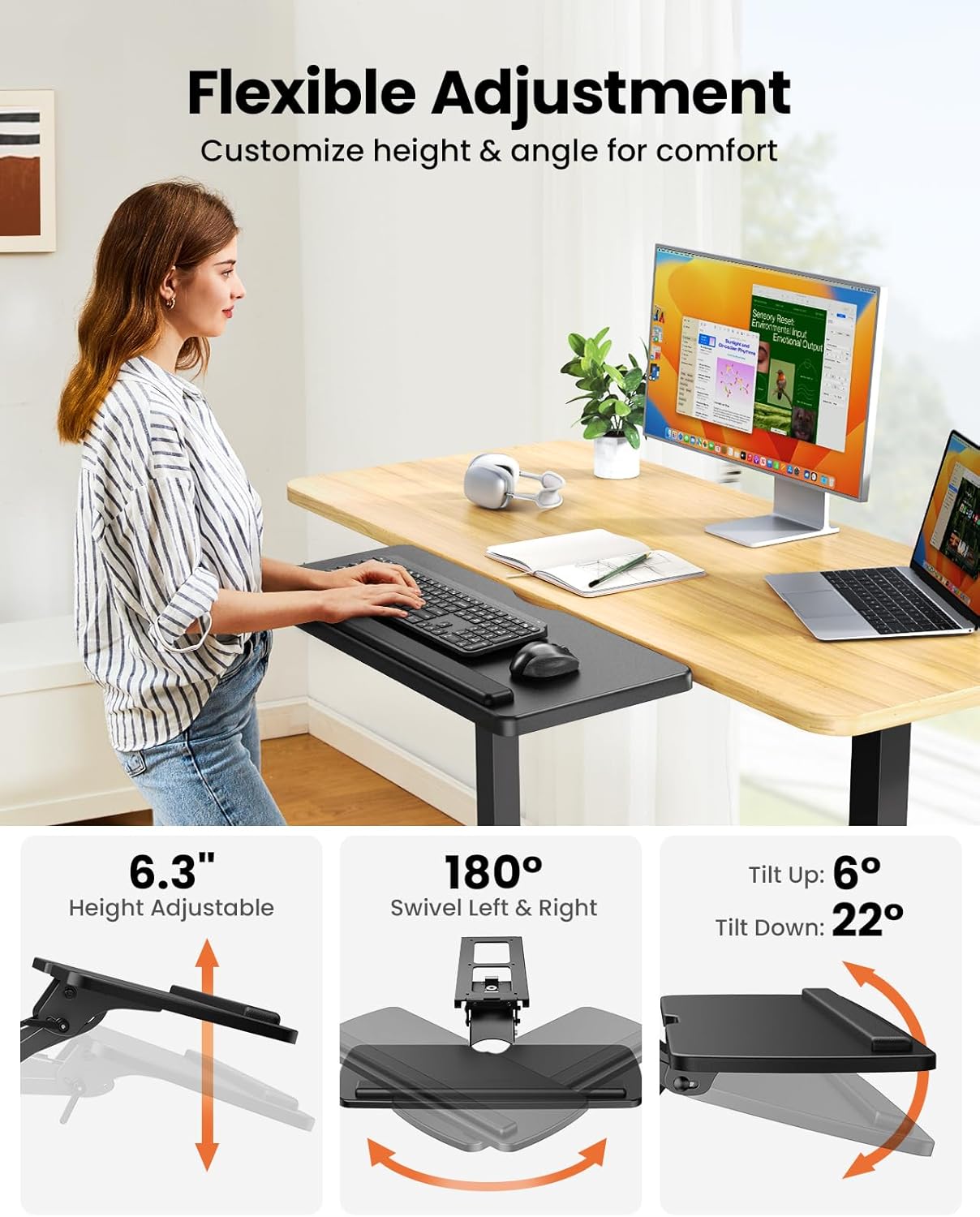 ErGear Keyboard Tray Under Desk, Sliding Keyboard & Mouse Tray with Adjustable Height, Swivel & Tilt, Ergonomic Keyboard Holder for Home Office, Gaming, 24.99” W x 9.84” D, Black, EGKB05