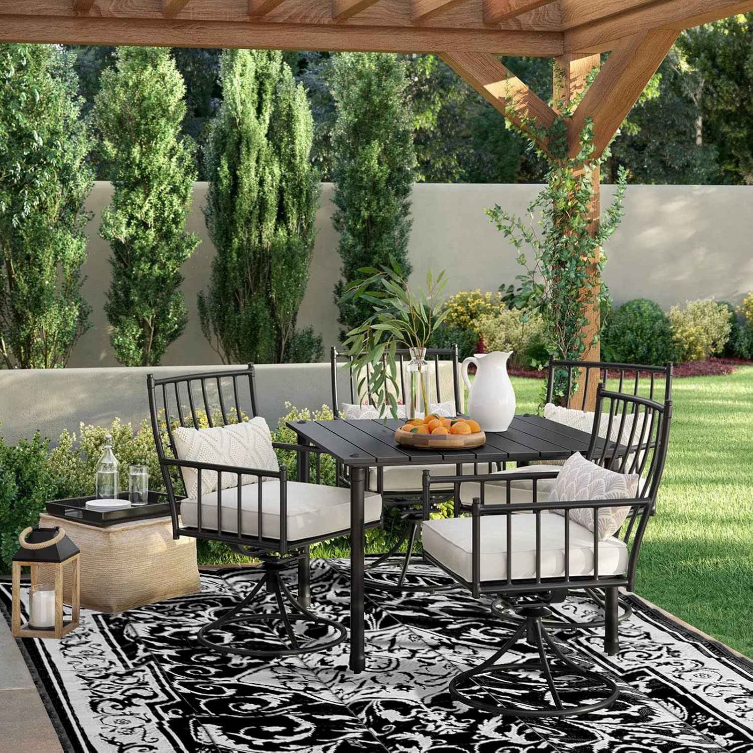 nalone Reversible Mats, Outdoor Rugs 6x9 for Patio, Outdoor Plastic Straw Rug, New York Patio Country Retro Transitional Geometric Outdoor Area Rug for RV, Camping, Deck, Picnic (6'X9', Black&White)