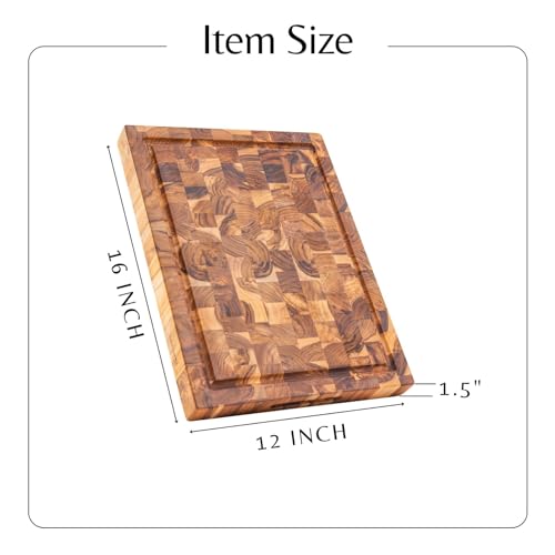 Large End Grain Butcher Block Cutting Board, Thick Teak Wood Cutting Board, Big Reversible Wooden Chopping Serving Board with Juice Groove, 16 x 12 x 1.5 inch