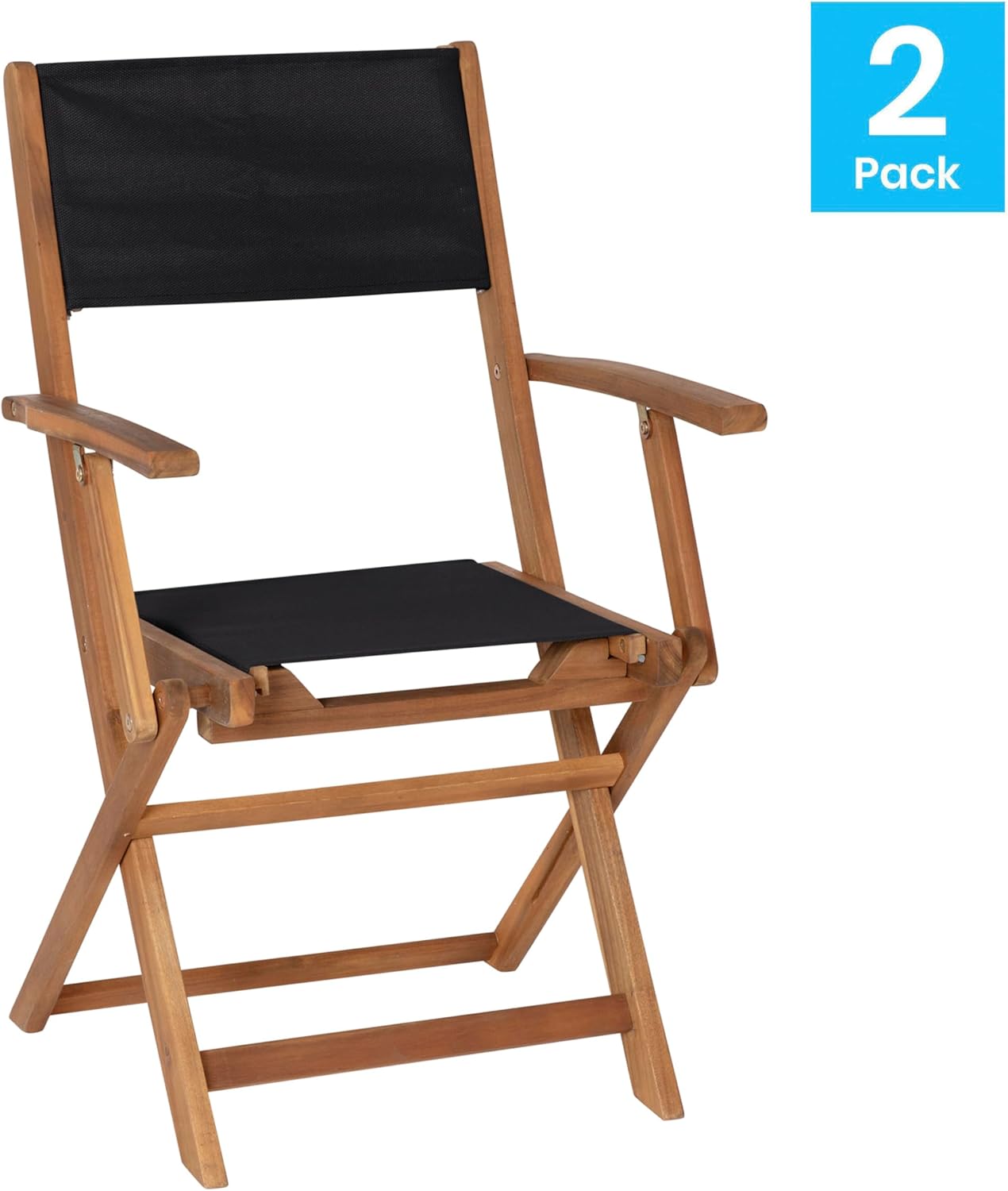 EMMA + OLIVER Kosti Folding Chairs with Arms - Natural Acacia Wood - Textilene Mesh Seat and Back - Weather Resistant - 275 lbs. Static Weight Capacity - Set of Two