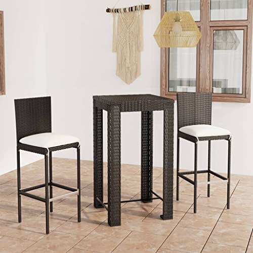 3 Piece Patio Bar Set with Cushions Poly Rattan Black,Versatile and Durable 4Person Square Garden Bar Set with WeatherResistant Rattan Stools for Outdoor Entertaining