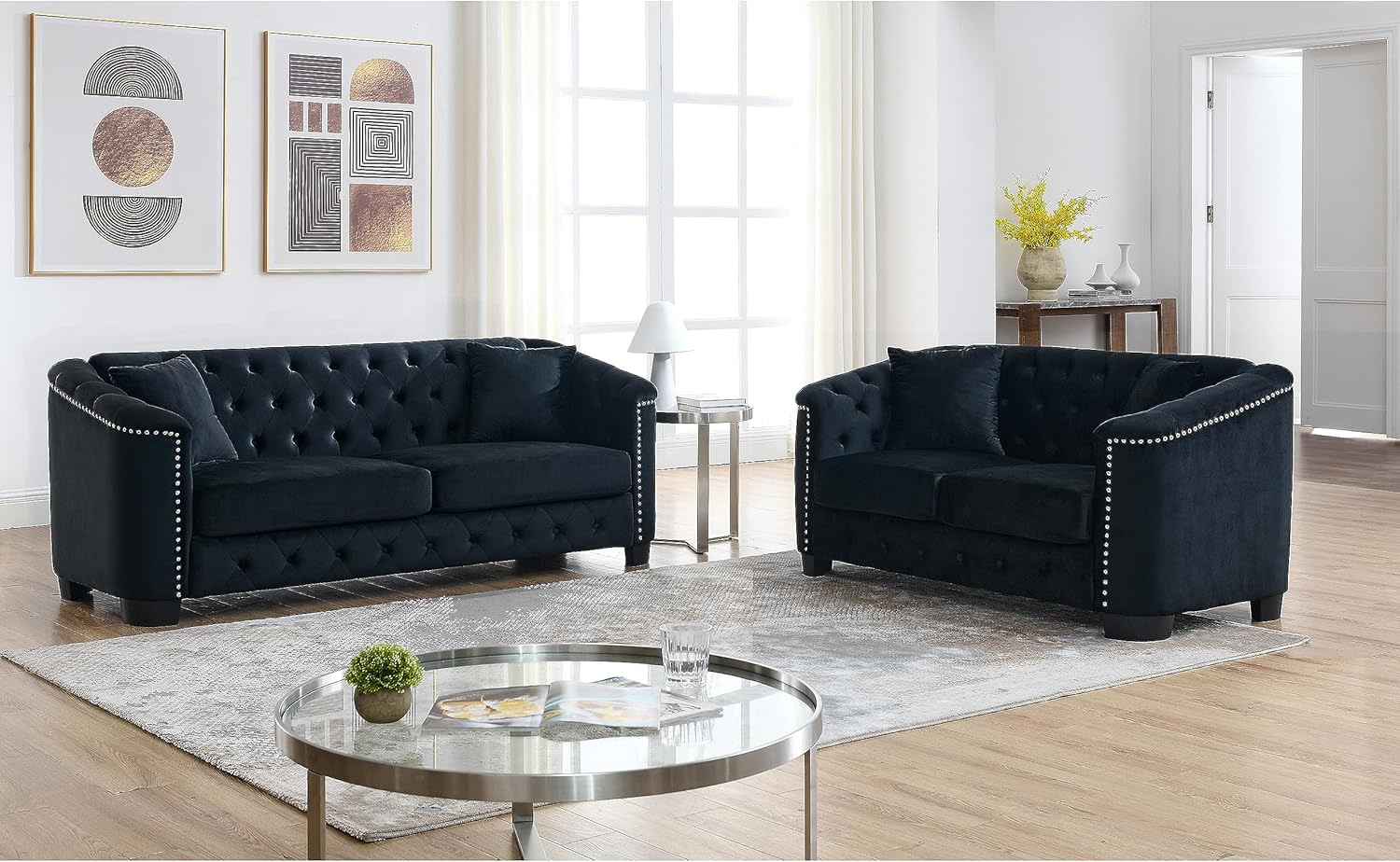 WILLIAMSPACE Velvet Sectional Sofa Couch Set, Modern 3 Seater Sofa, Loveseat, Upholstered Tufted Backrests with Nailhead Arms and 2 Cushions for Apartment Office (Black)