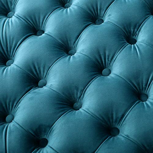 Modern Glam Button Tufted Velvet Ottoman, Dark Teal and Dark Brown