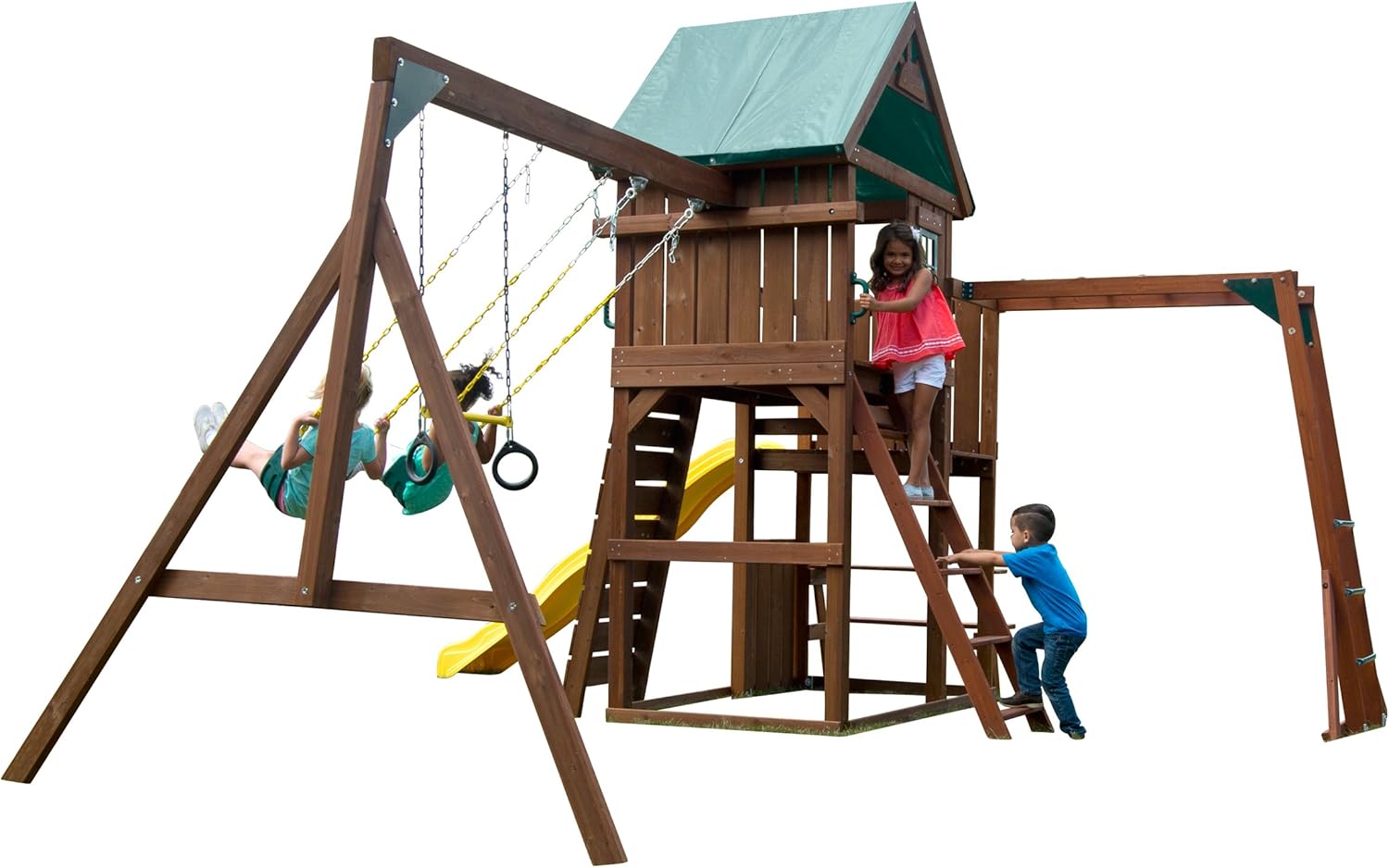 Swing-N-Slide Chesapeake Wood Complete Play Set with Two Swings, Monkey Bars, Slide, Climbing Wall and Picnic Table , Brown