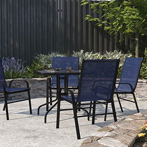 Merrick Lane Set of 4 Manado Series Patio Chairs - Navy Flex Comfort Material - Powder Coated Metal Frame - Stack up to 4 High - Ships Fully Assembled