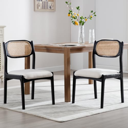 CIMOTA Mid Century Modern Dining Chairs Set of 4 Rattan Farmhouse Dining Room Chairs with Cane Back/Wood Frame Upholstered Wooden Kitchen Chairs for Dining Room/Restaurant, Linen Beige
