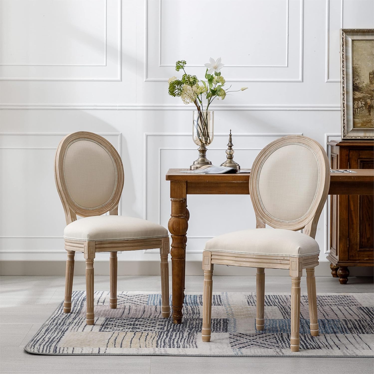 GIA French Style Dining Chairs with Linen Fabric Oval Back and Wood Frame, Set of 2, Beige