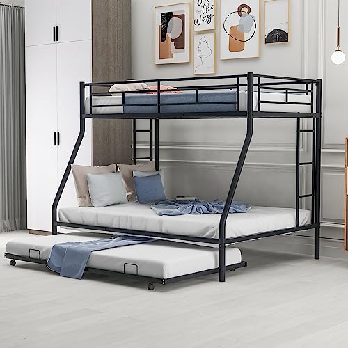 Metal Bunk Bed with Trundle, Twin Over Twin Bunk Bed Frame for Kids/Adults with Ladder and Safety Rails, No Springs Required, Easy to Assemble, White