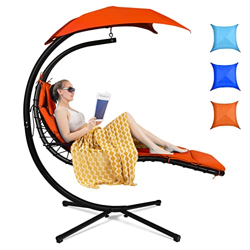 Tangkula Hanging Chaise Lounge, Arc Stand Floating Hammock Swing Chair w/Canopy and Built-in Pillow, Curved Steel Patio Lounge Chair, Freestanding Hammock Chair with Stand for Patio Backyard Garden