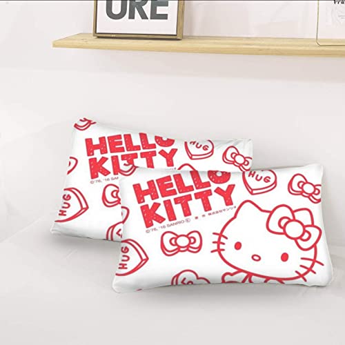 Pink Black Hello Cat Kitty 3pcs Bedding Set，Comforter Duvet Cover Set Twin Full Queen King Size Quilt Cover for Adults Teens Bedroom Decoration