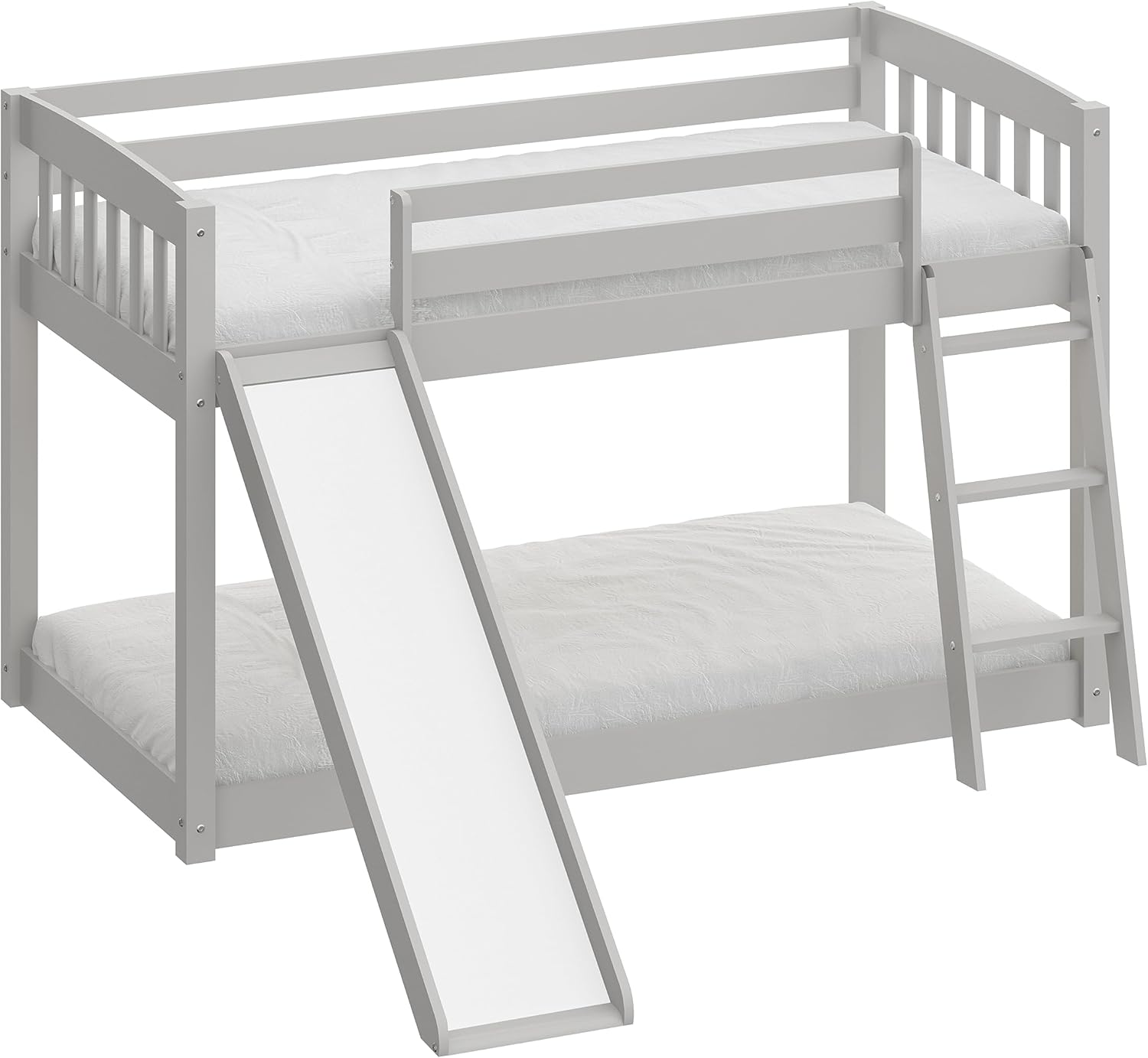 Kids Bunk Bed Twin Over Twin with Slide and Stairs, Heavy Duty Solid Wood Twin Bunk Beds, Toddler Bed Frame with Safety Guardrails, Grey
