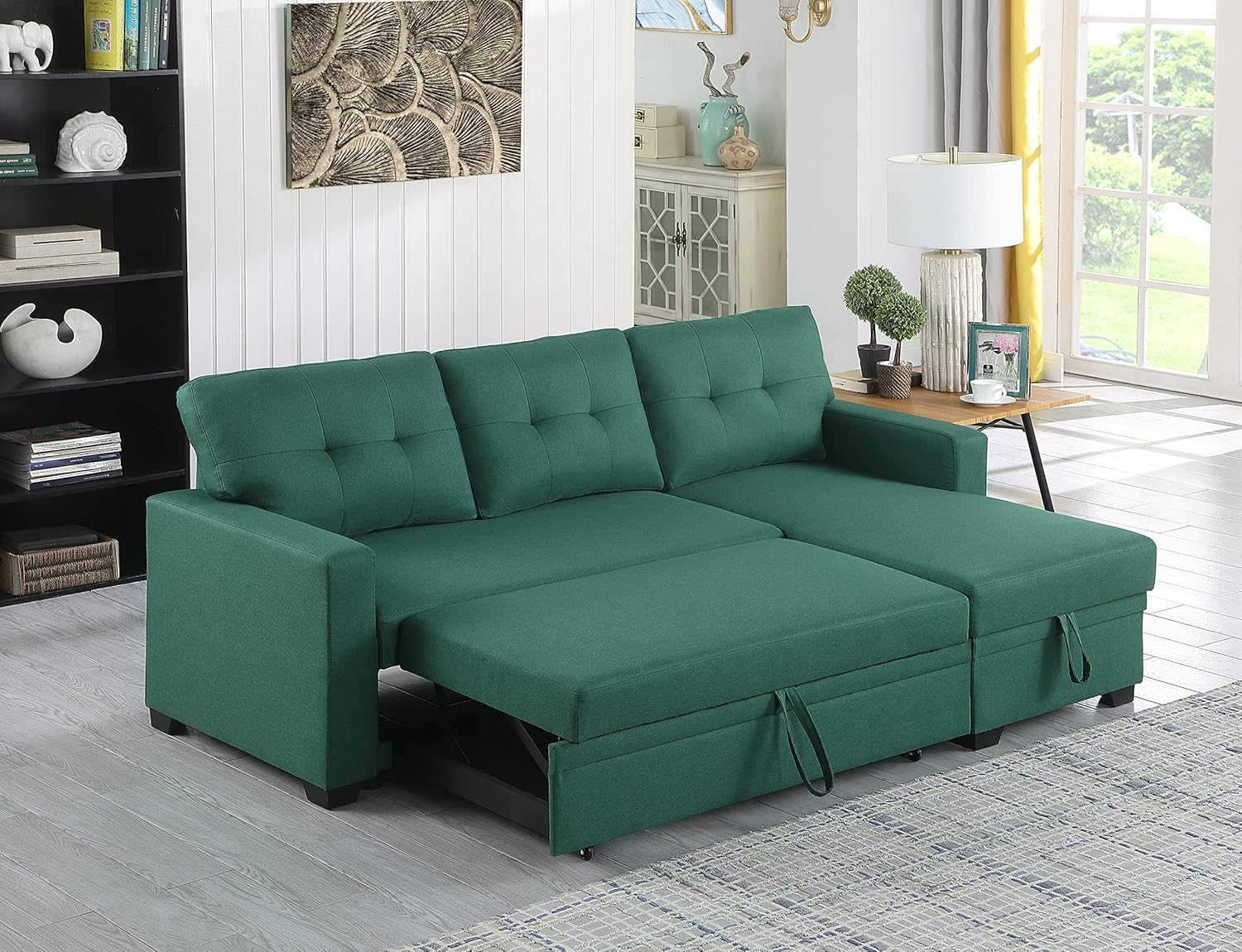 Upholstered Pull out Sectional Sofa with Chaise (Green)
