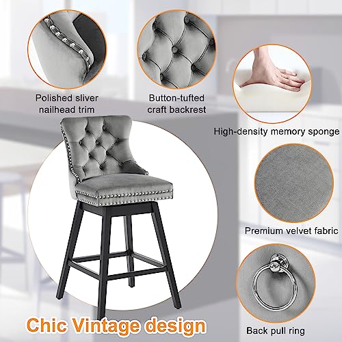 Counter Height Bar Stools, 360 Swivel Bar Stools with Backs, Premium Velvet Fabric Upholstered Counter Height Chairs, Solid Wood Legs, (Beige, 30