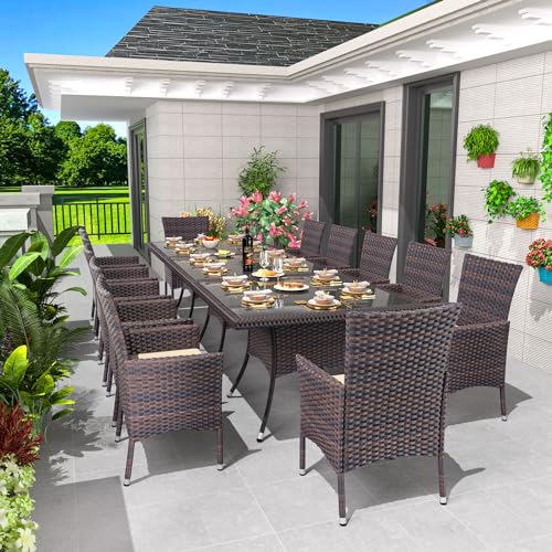 5 Piece Outdoor Dining Set,Rattan Patio Conversation Set of 4 Chairs,Patio Dining Table and Chairs w/Cushions,Square Glass Tabletop,Umbrella Cutout for Patio,NavyBlue