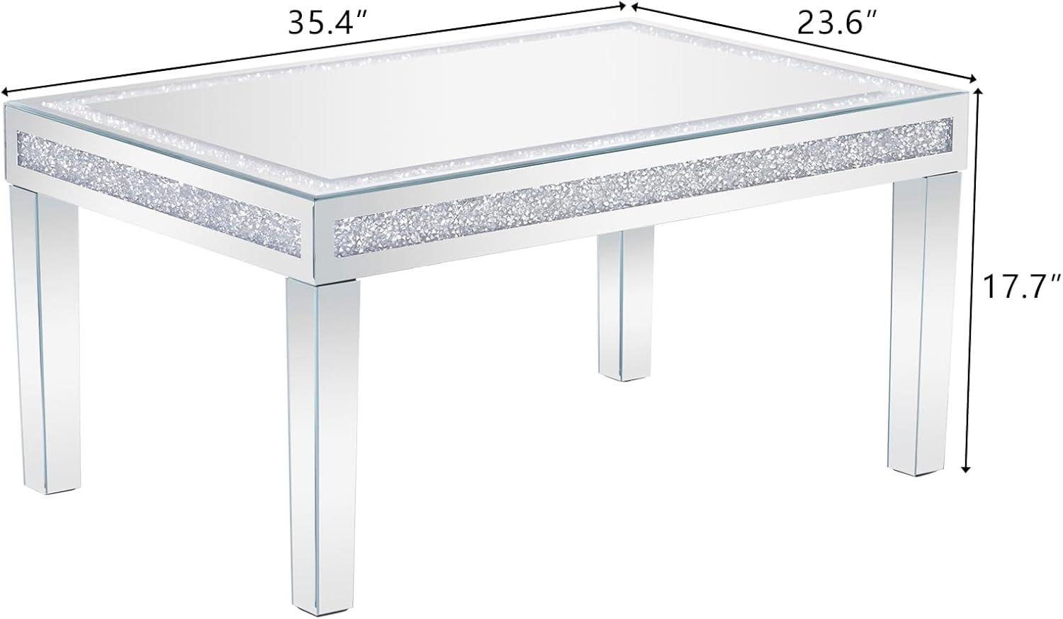 SSLine Modern Mirrored Coffee Table Luxury Living Room Cocktail Center Table with Silver Mirror Finish Rectangular Small Coffee Table with Crystal Inlay and Edge - Partially Assembled