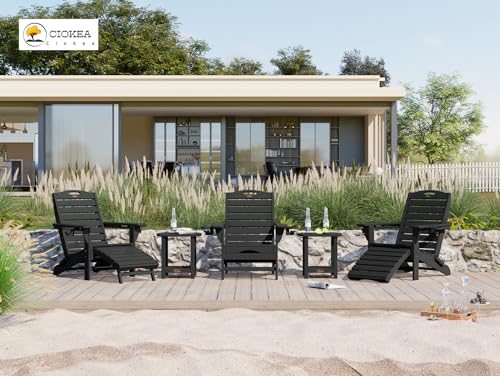 Folding Adirondack Chair with Retractable Ottoman Fire Pit Patio Chair with Pull Out Foot Rest Weather Resistant Lawn Outdoor Lounge Chair with 2 Cup Holder (Navy Blue)