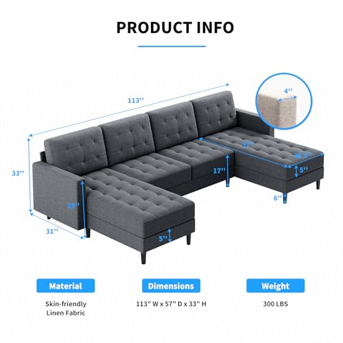 Convertible Sectional Sofa Couch, U Shaped Sectional Couch Sofa with Reversible Chaise, Linen L Shaped Sleeper Sofa for Living Room, Dark Grey