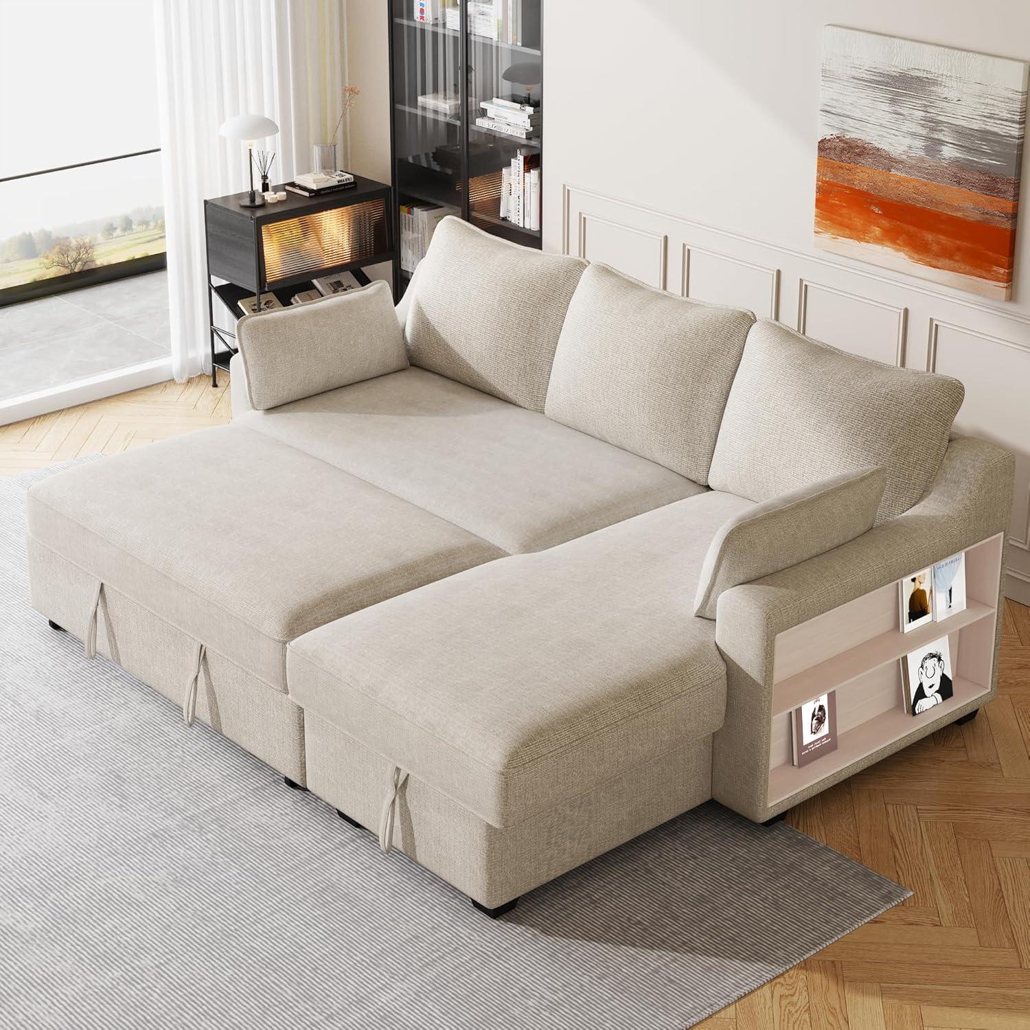 FANYE L-Shape Reversible Sleeper Sectional Couch Pull Out Sofa Bed w/Storage Chaise,Racks and USB Ports,Modern Linen Tufted Upholstered Convertible Sofabed with 2 Pillows for Living Room
