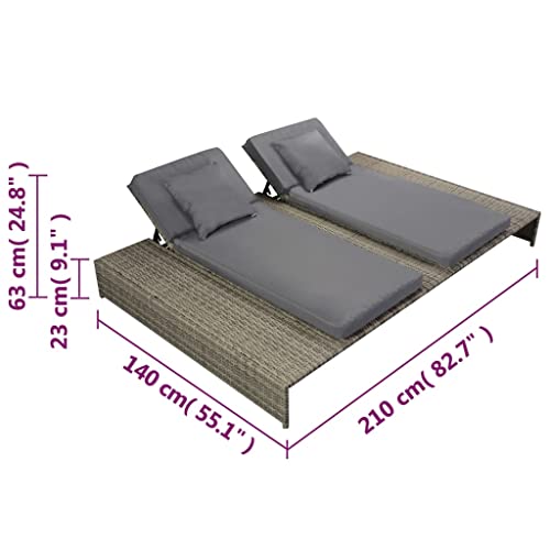 Double Sun Lounger with Cushion Poly Rattan Gray,Comfortable Outdoor Double Rattan Sun Lounger with Adjustable Backrest for Patio and Garden Outdoor Furniture