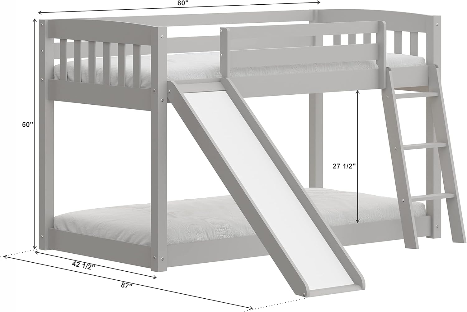 Kids Bunk Bed Twin Over Twin with Slide and Stairs, Heavy Duty Solid Wood Twin Bunk Beds, Toddler Bed Frame with Safety Guardrails, Grey