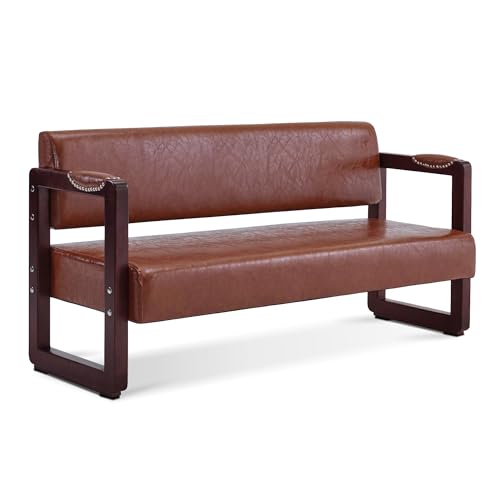BarberPub Waiting Room Chairs, Bench with Backrest, Modern Style Leather Bench with Rivets, Faux Leather Armed Bench, Upholstered Bench for Living Room Office W423 (Brown)