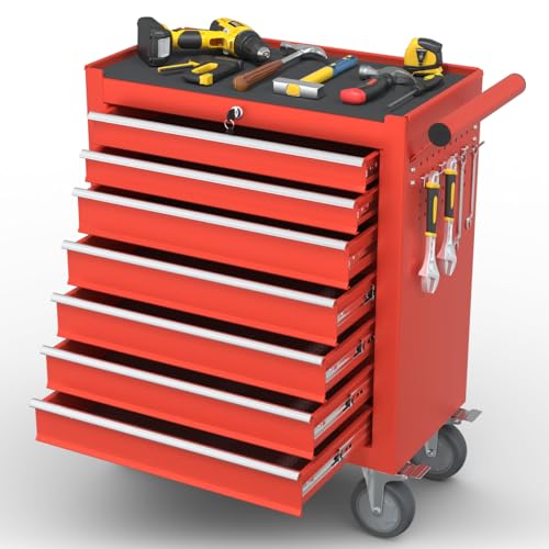 7-Drawer Meatl Rolling Tool Chest with Wheels and Locking Tool Chest, Large Storage Capacity, Portable Metal Tool Box for Warehouse,Garage, Repair Shop, Workshop (Black)