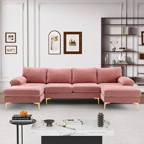 U Shaped Sectional Couch for Living Room, Convertible L Shaped Chenille Modular Sofa with Double Chaise Lounge, Modern Comfy Oversized 4 Seater Sleeper Sofa Furniture Set, Black