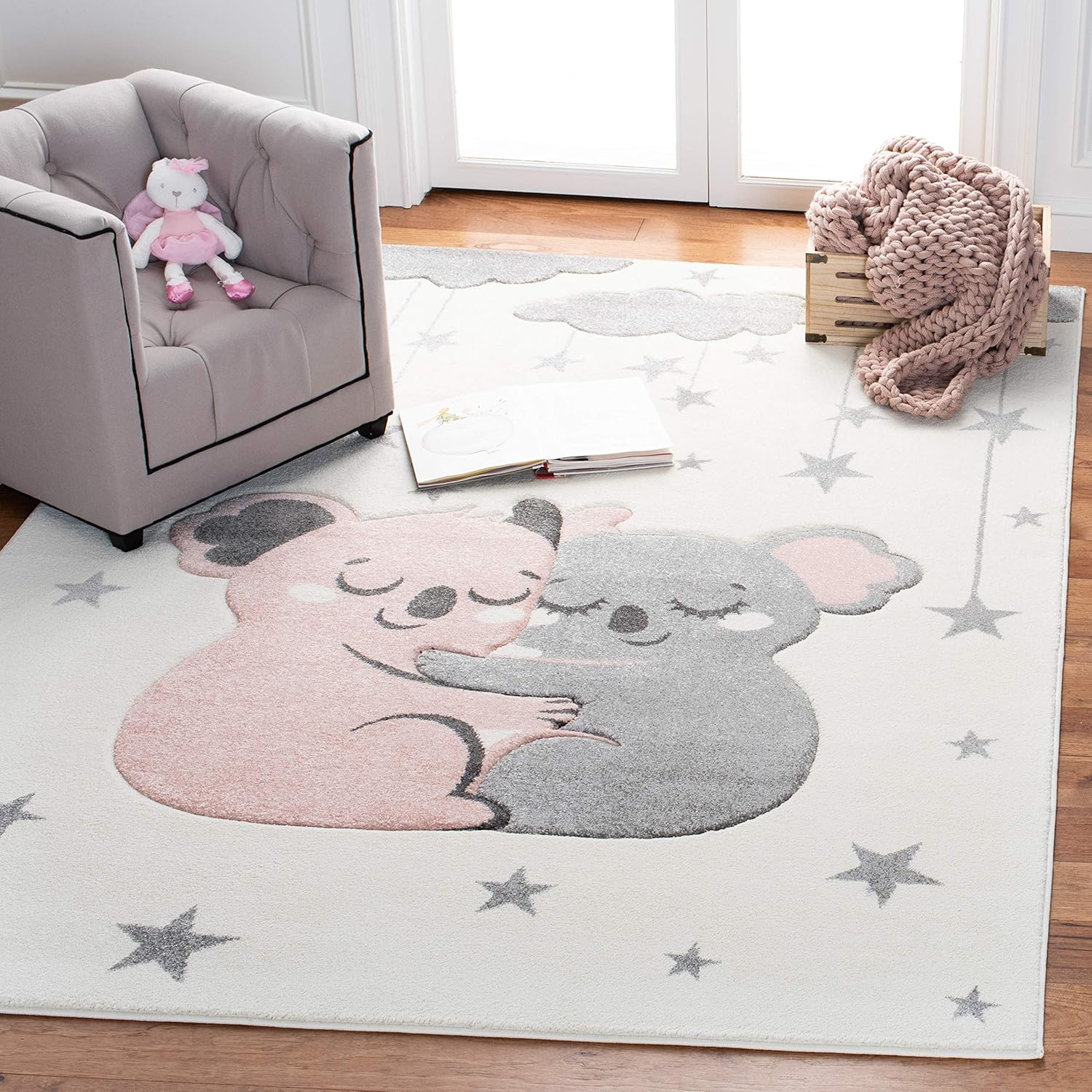 SAFAVIEH Carousel Kids Collection Area Rug - 8' x 10', Ivory & Pink, Koala Design, Non-Shedding & Easy Care, Ideal for High Traffic Areas for Boys & Girls in Playroom, Nursery, Bedroom (CRK195A)