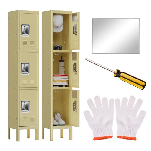 KAER Metal Lockers for Employees,3-tier Storage Locker,Locker Cabinet for Home Gym Office School Garage with Mirror,Screwdriver,Gloves,Unassembled (Grey+White, 3-Tier)