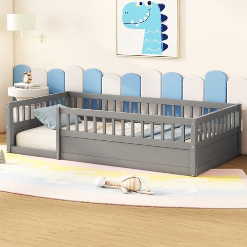 Floor Bed for Kids, Twin Size Montessori Bed with High Fence Railings, Wood Playhouse Bed with Rails for Baby Boys Girls Teens, No Slats Included, White